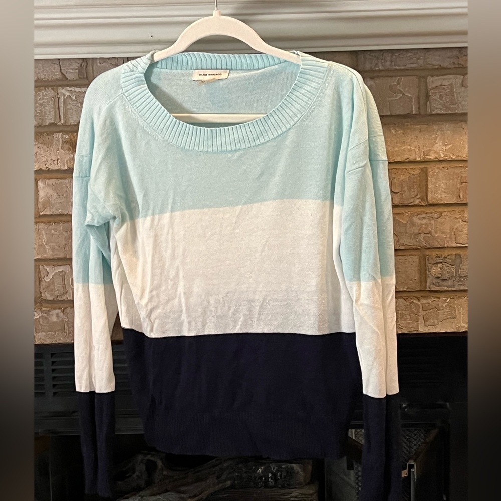 Club Monaco Light Blue White Navy Colorblock Crewneck Sweater